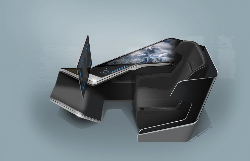 Von BMW Desi­gnworks USA gestal­tete Sit­z­idee »Immer­sive Busi­ness Class« mit flie­ßen­dem Interieur.